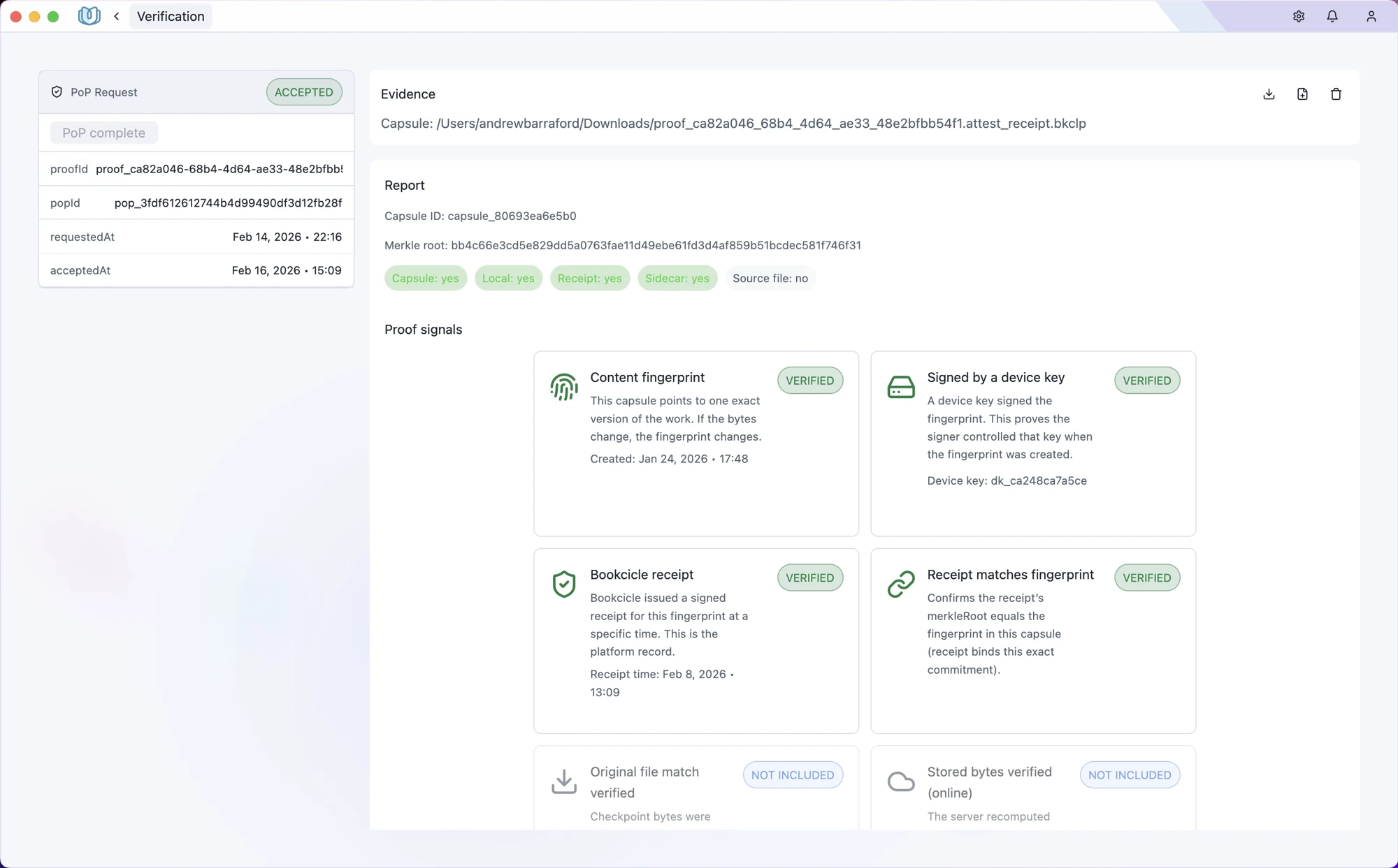Bookcicle Proof Capsule verification screen